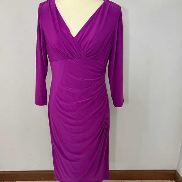 Lauren Ralph Lauren Purple Stretchy Midi Dress Faux Wrap Career Office Siren - Picture 6 of 15
